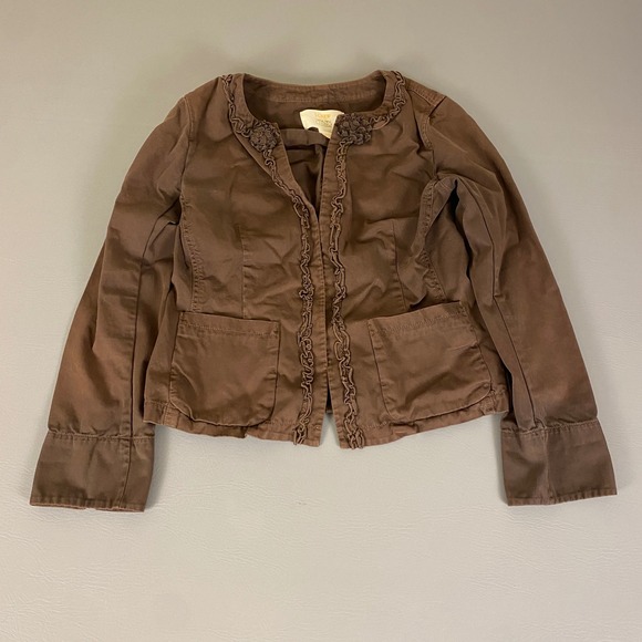 J. Crew Chino Jacket Size 10 Ruffle‎ Trim Brown Twill Classic Fitted Cotton - Picture 1 of 16
